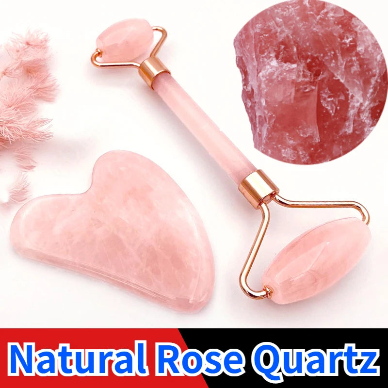 Rouleau de massage en cristal de quartz rose, masseur facial rose, pierre naturelle Gua Sha, outil de beauté, relaxation, Livraison OFFERTE